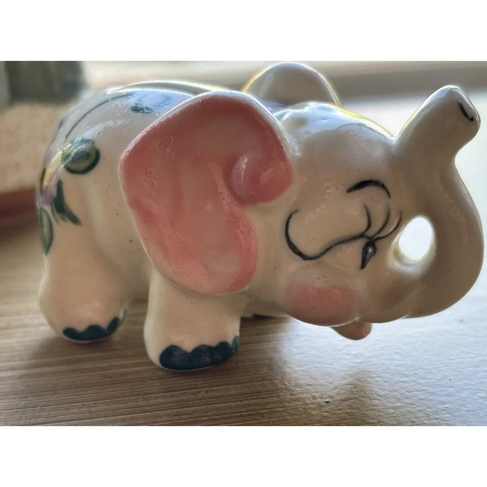 Vintage Whimsical Mini Elephant Nursery Piggy Bank Kitschy Ceramic Hand Painted